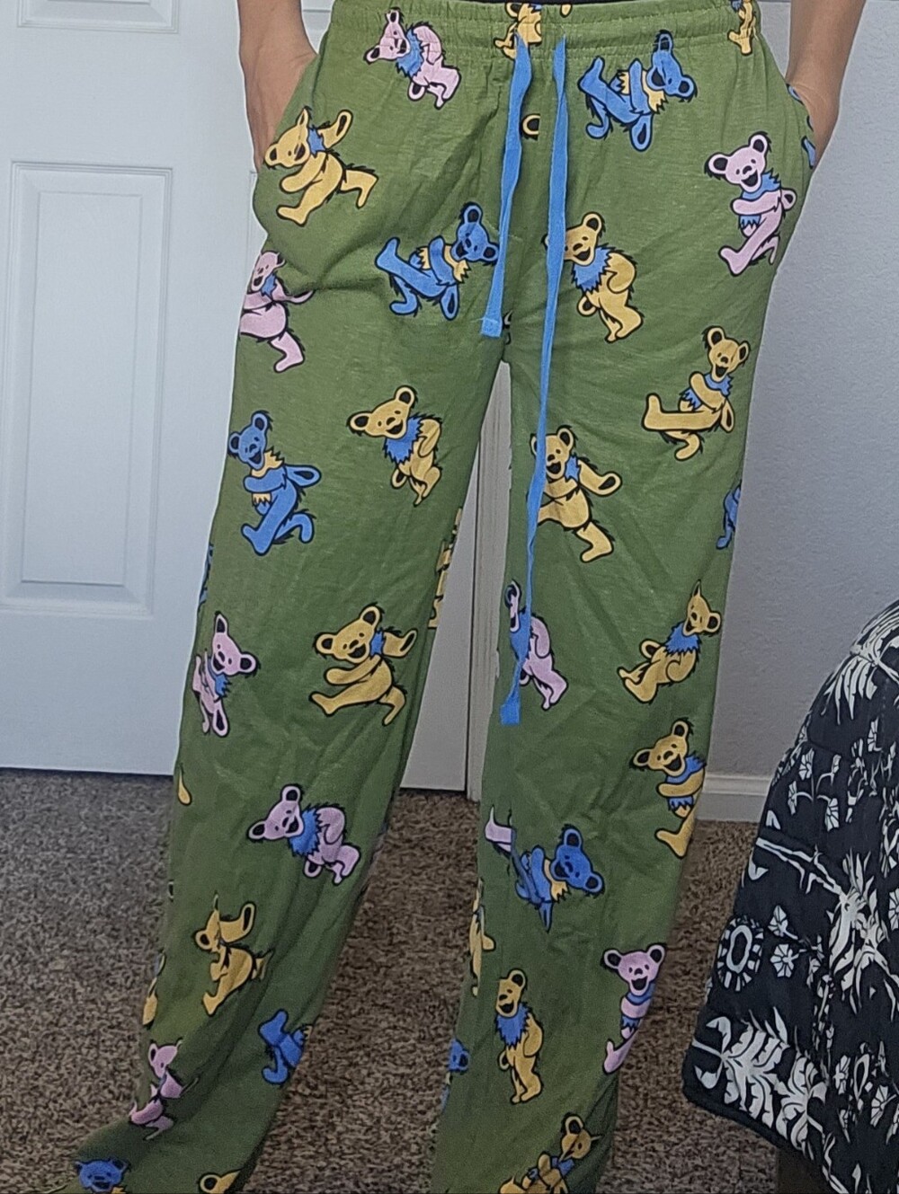 Grateful Dead Olive Green Bear Print Lounge Pants with Blue Drawcord